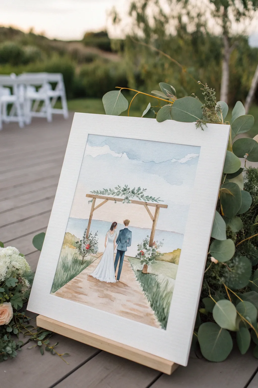 Dreamy venue watercolor with a tiny couple under the arch, a minimalist wedding painting gift