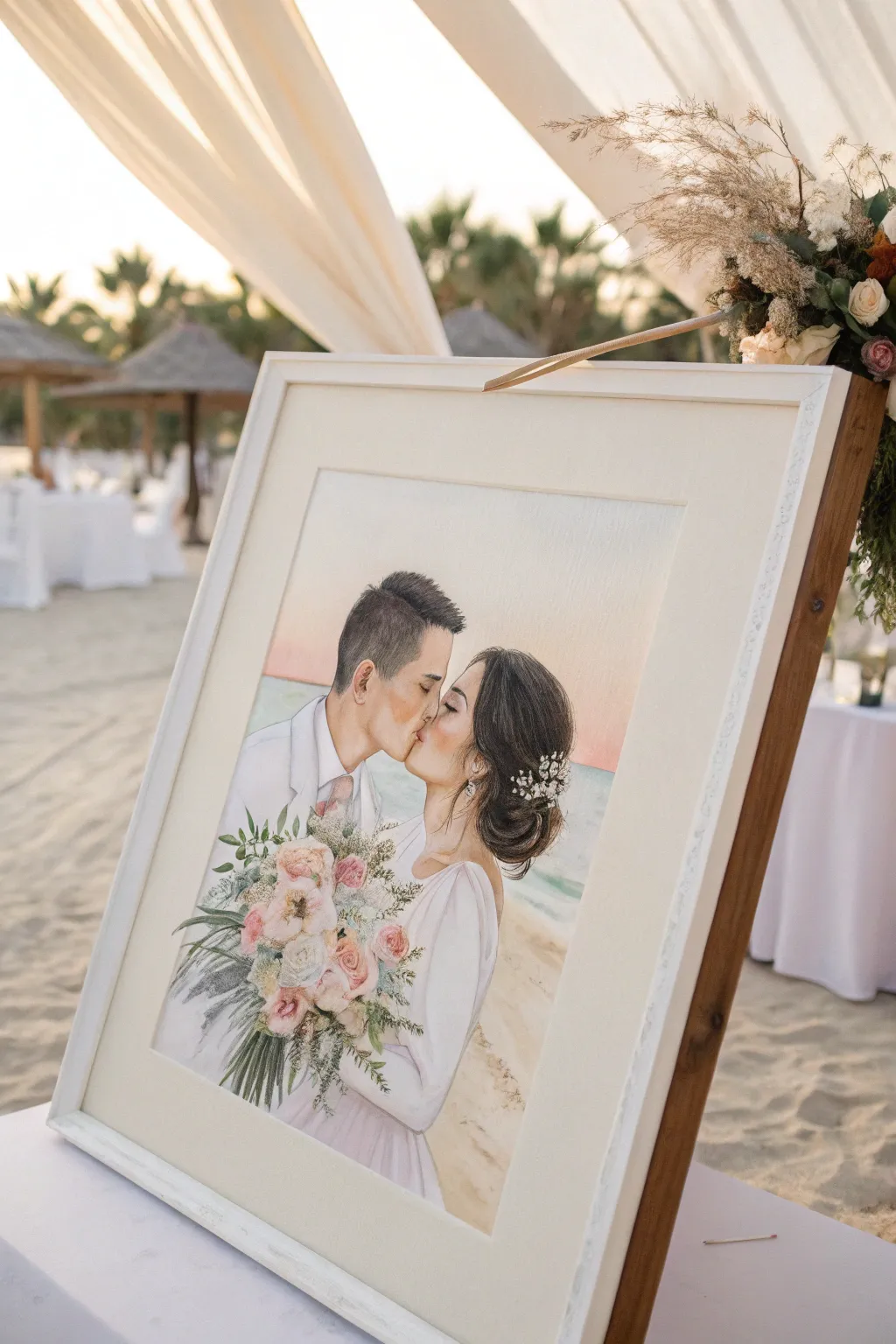 A minimalist first-kiss painting with soft ceremony shapes and a crisp bouquet focus.