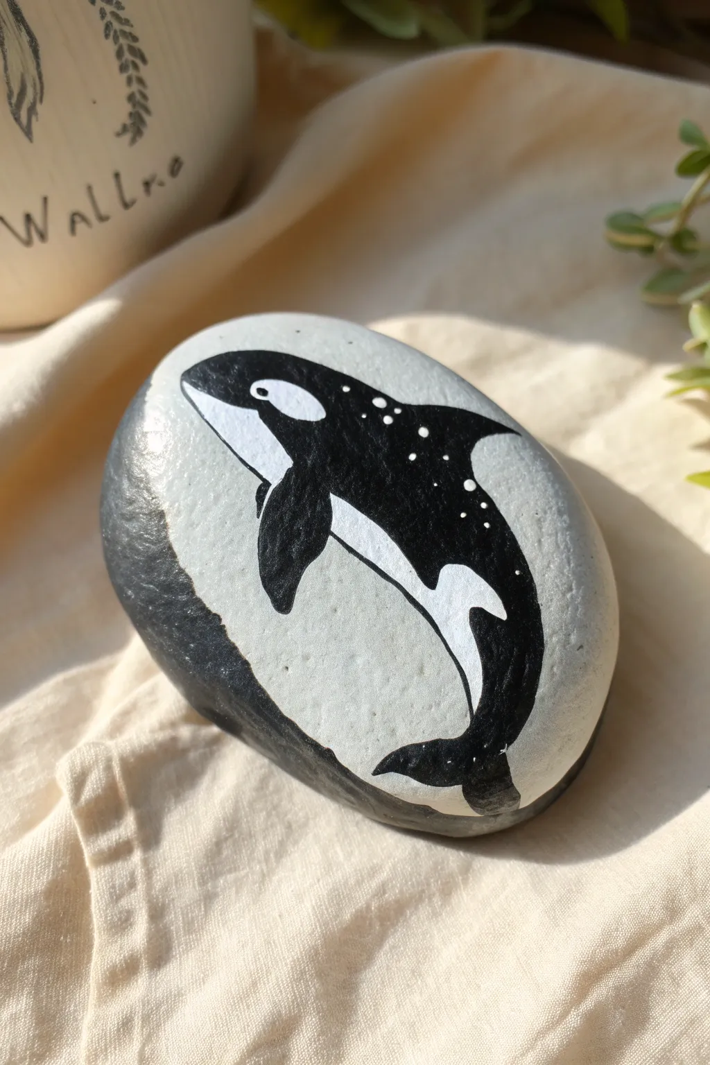 Minimal orca rock painting with bold white patches on a calm Scandinavian background