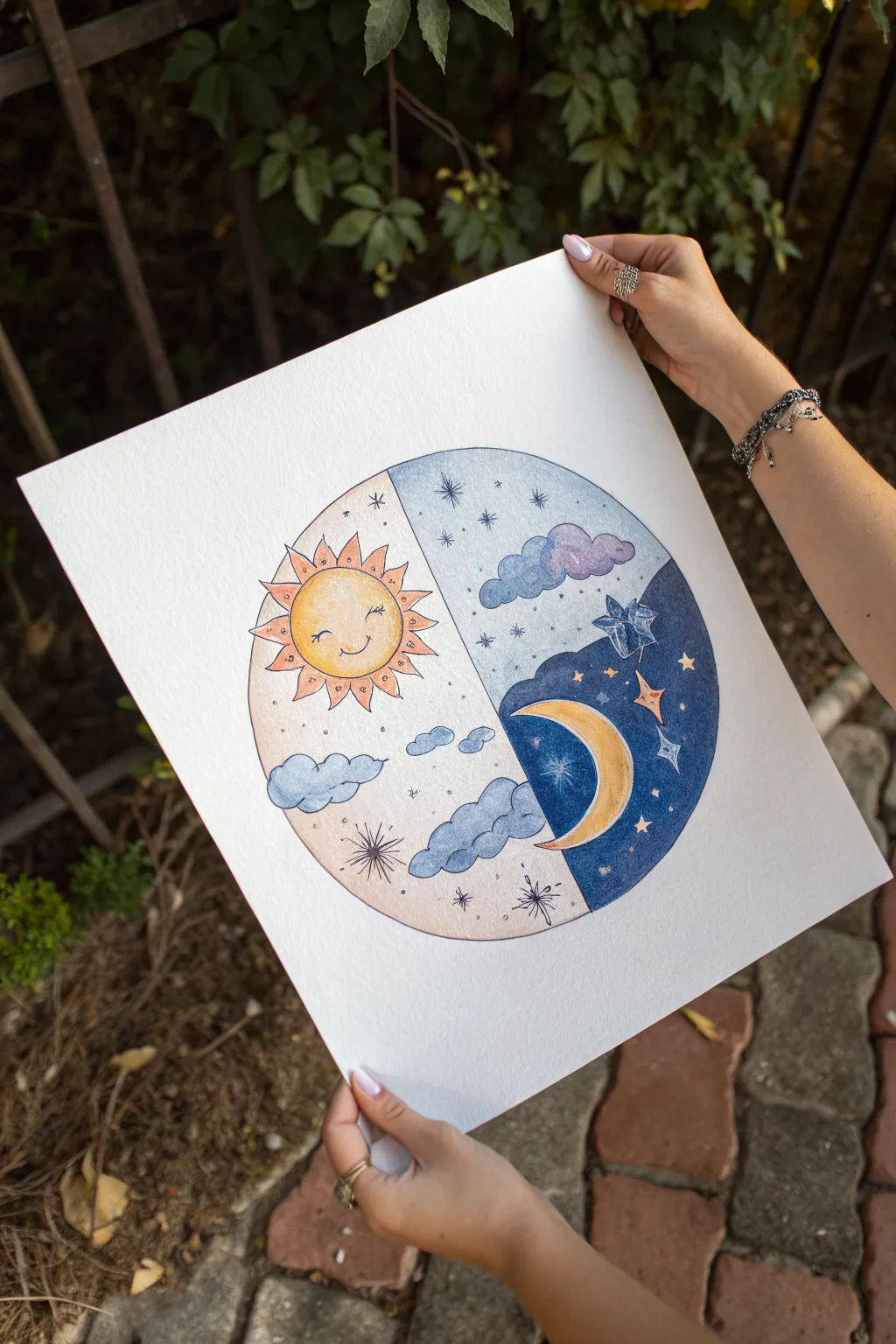 Whimsical sun and moon split-sky circle drawing, minimalist Scandinavian boho mood, strong contrast.