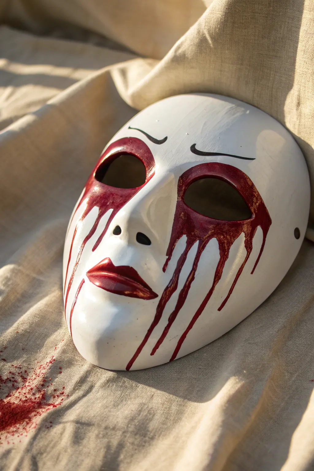 Minimal white mask with glossy red drips, a chic Scandinavian take on blood drip horror painting.