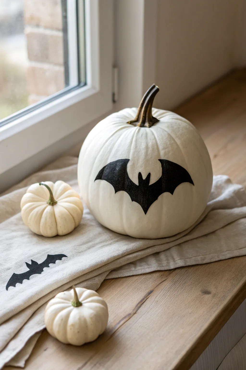 Minimal white pumpkin with a bold black bat silhouette for chic, simple Halloween style