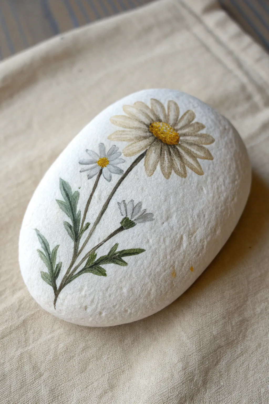 Minimal white rock daisy painting idea with airy Scandinavian boho styling and soft light.