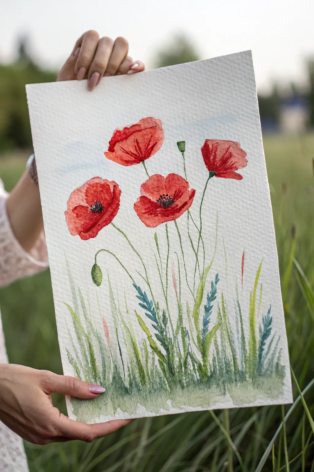 Classic poppies in tall grass, minimal wildflower painting inspiration with bold red contrast