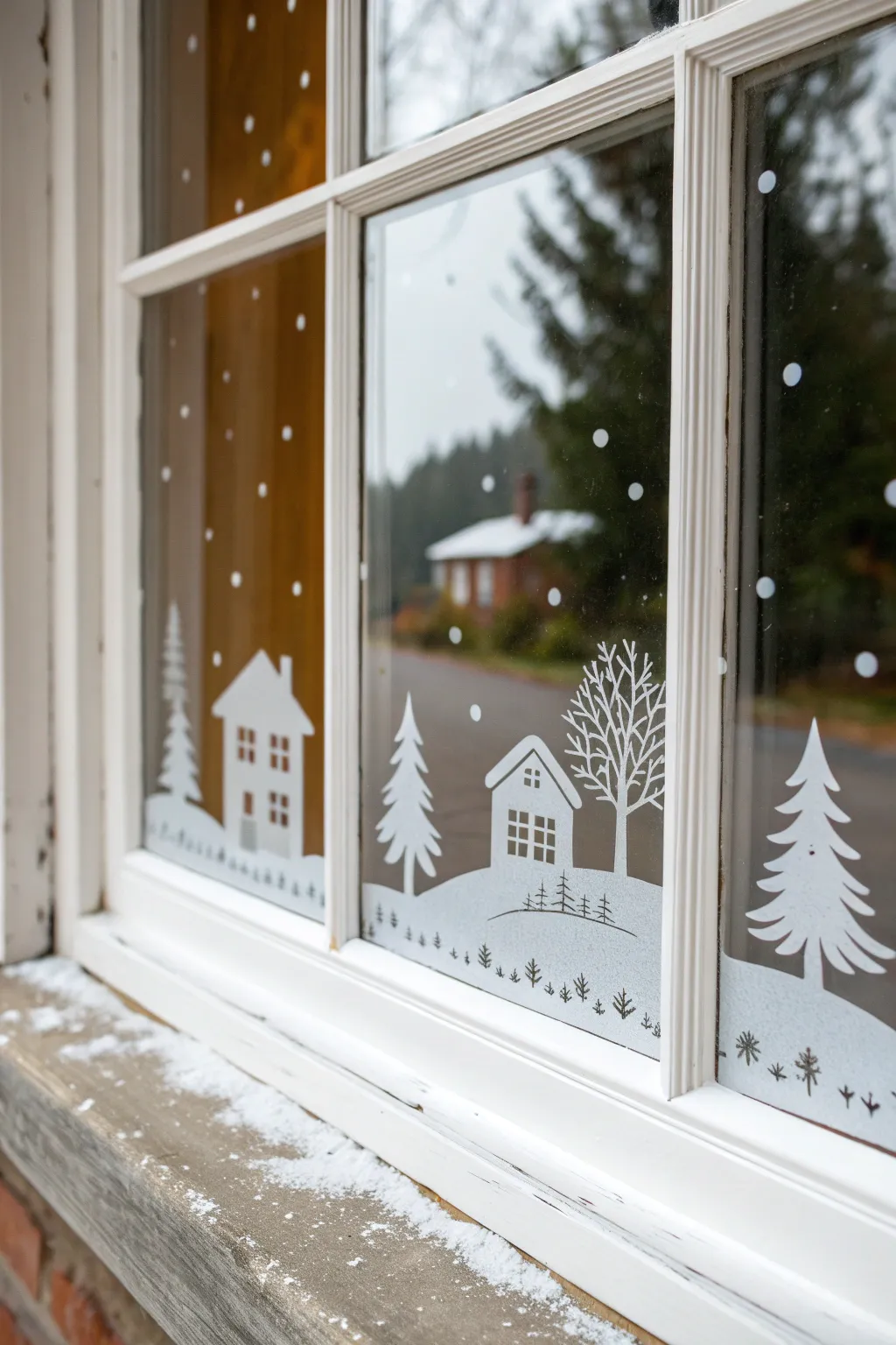 Cozy winter village window drawing: crisp white silhouettes along the sill with gentle snow dots.