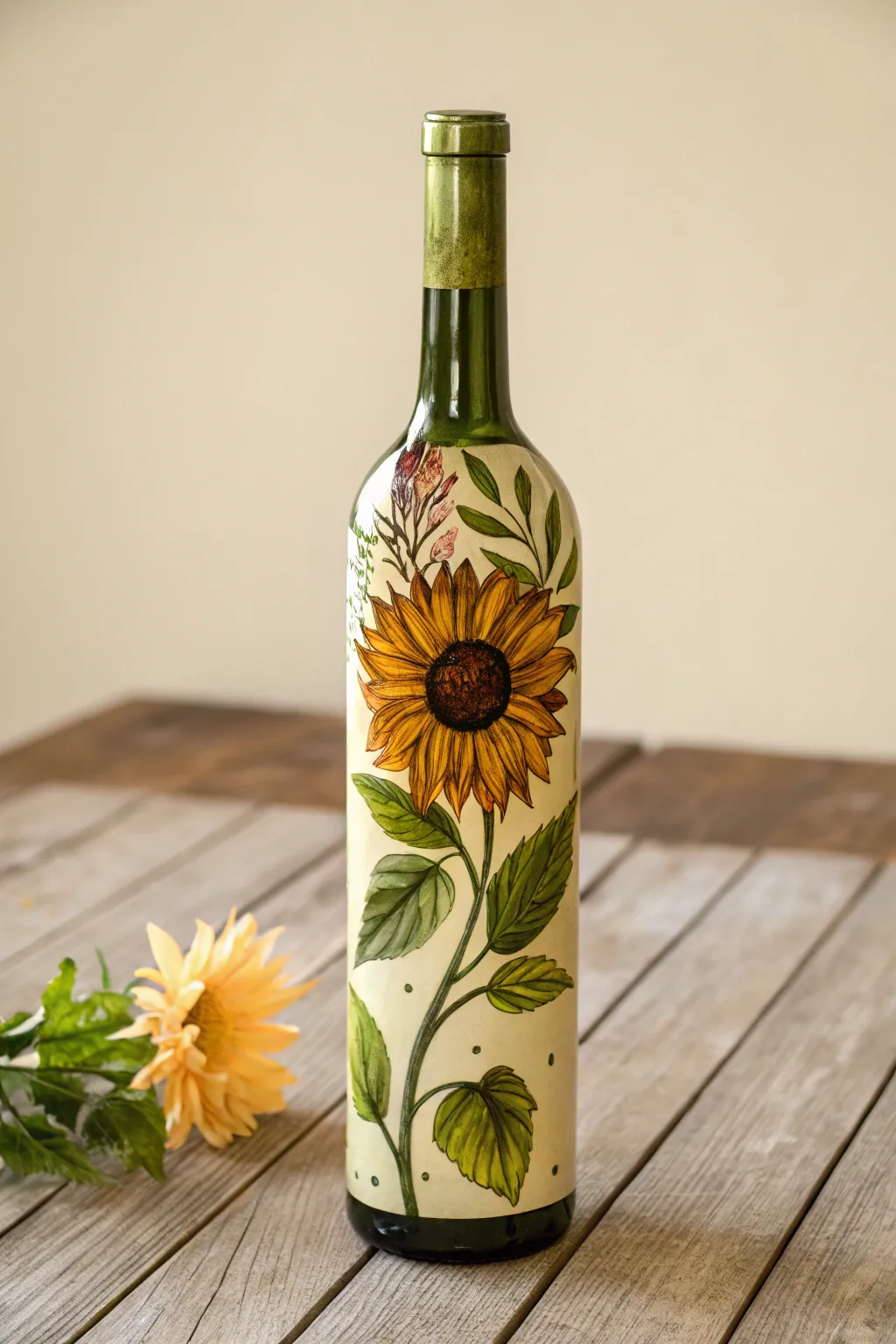 Sunflower statement bottle painting idea with bold acrylic strokes for an easy, modern boho look.