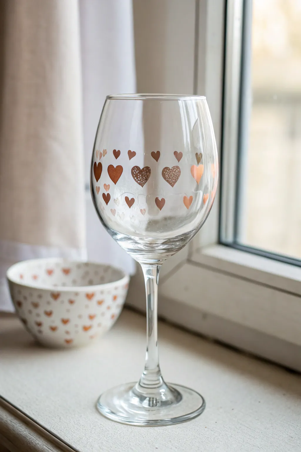 Minimal wine glass with tiny hand painted hearts, lots of airy space, chic Scandinavian boho vibe.