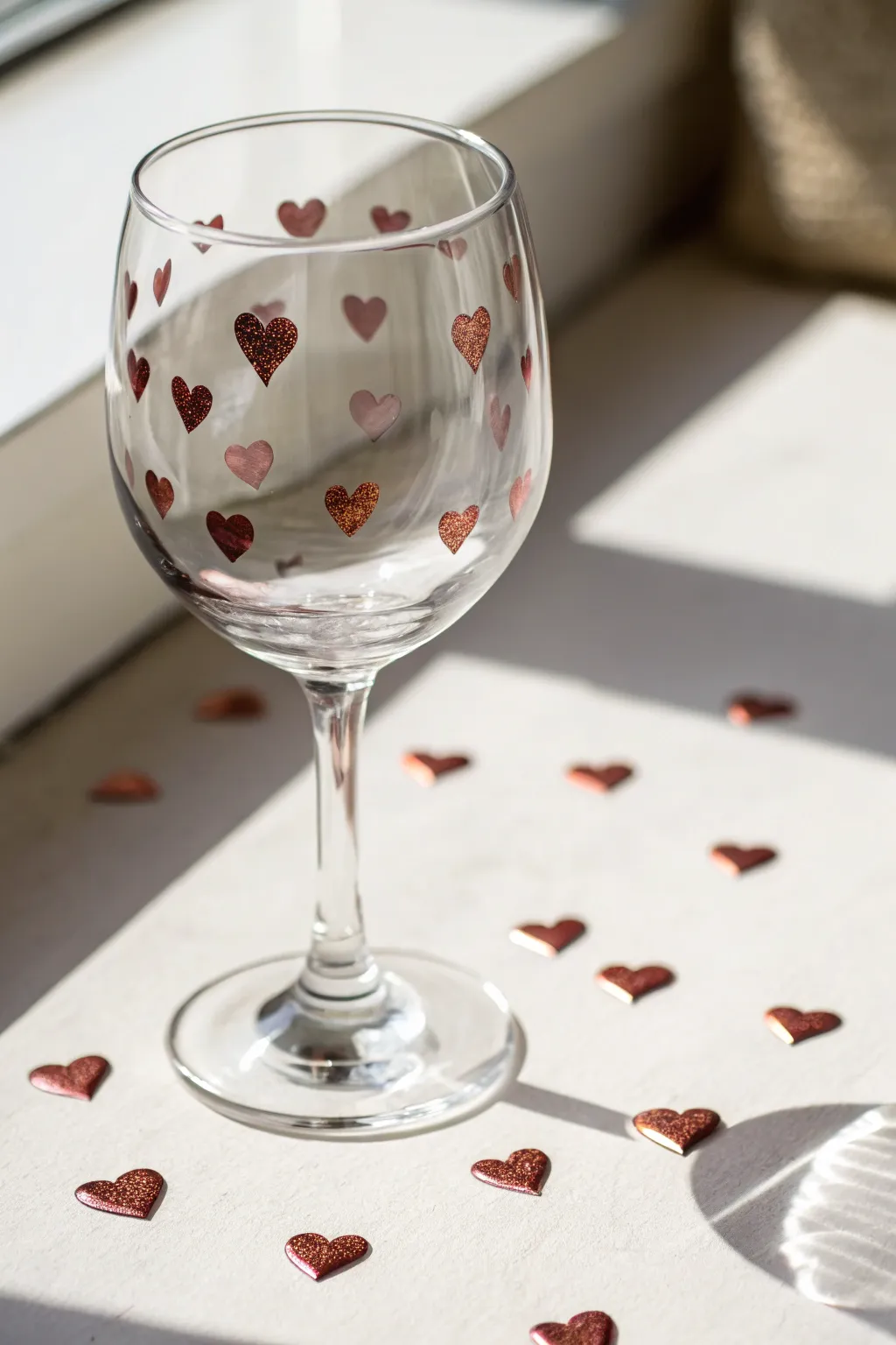 Beginner-friendly tiny heart scatter on a clear wine glass, minimal, modern, and sweet.