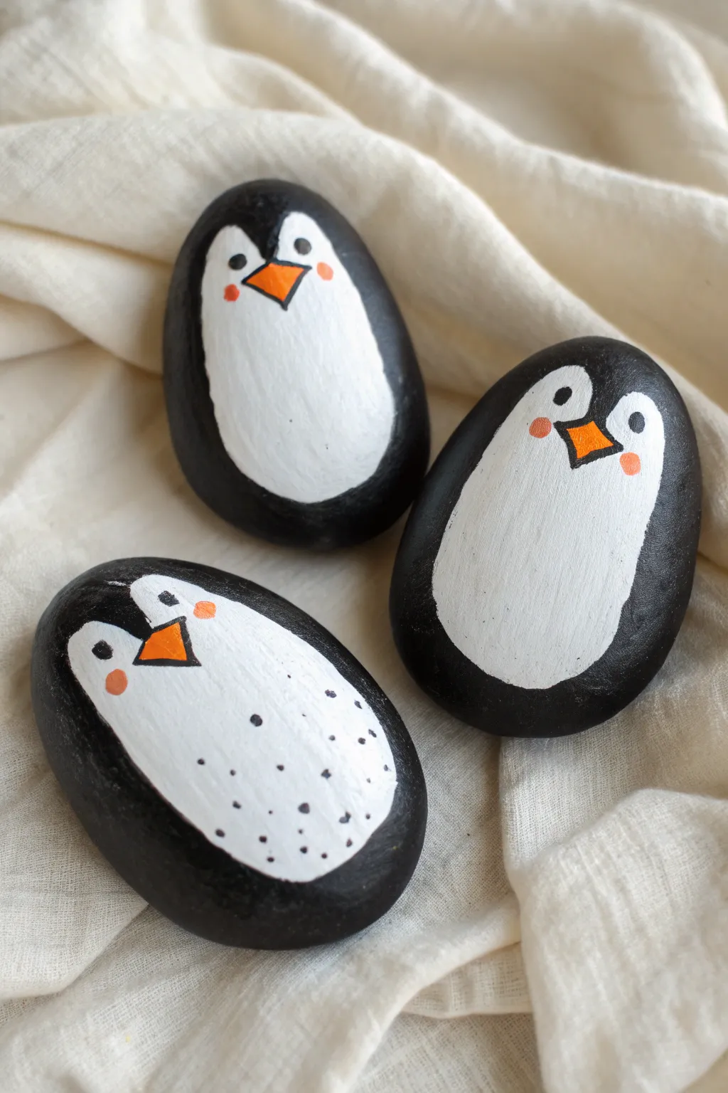 Minimalist penguin pals on oval rocks, cozy winter craft inspiration in soft neutral tones