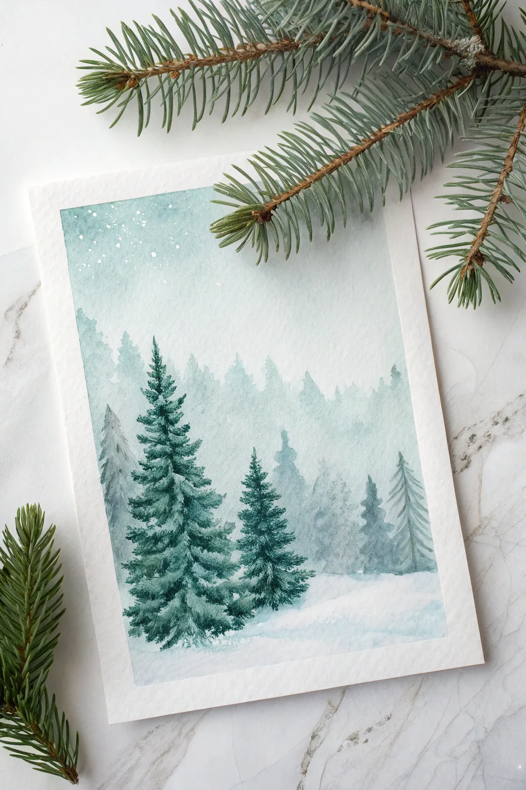 Layered pine triangles with snowy breaks, a crisp minimalist winter watercolor forest study
