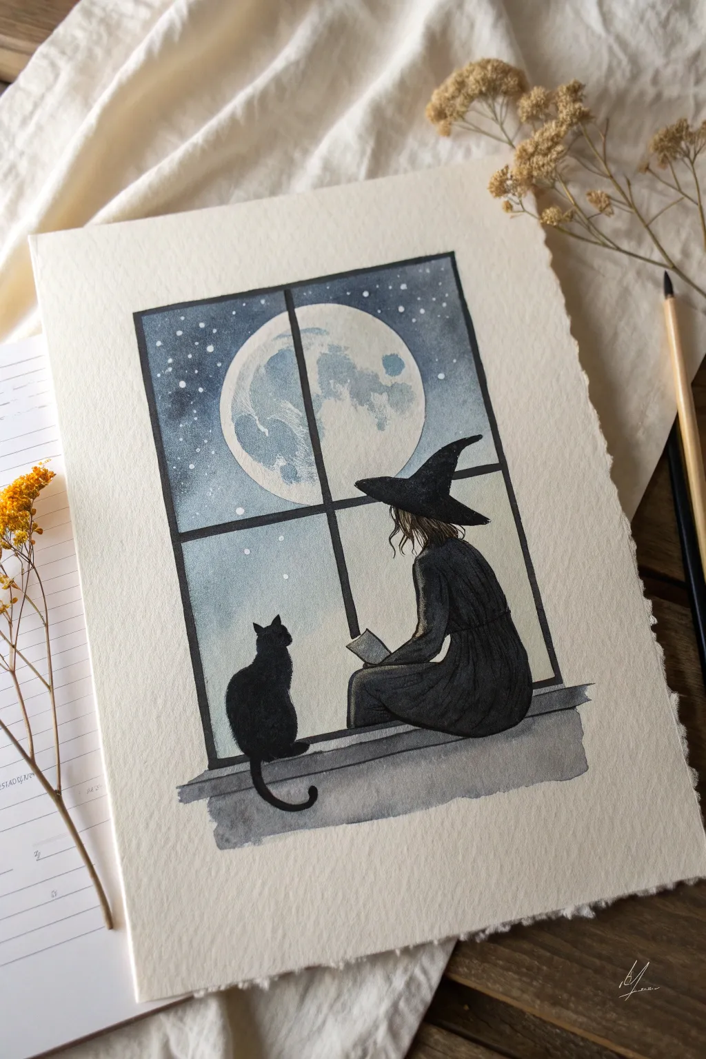 Moonlit witch and her black cat familiar in Scandinavian minimalist boho style, crisp contrast
