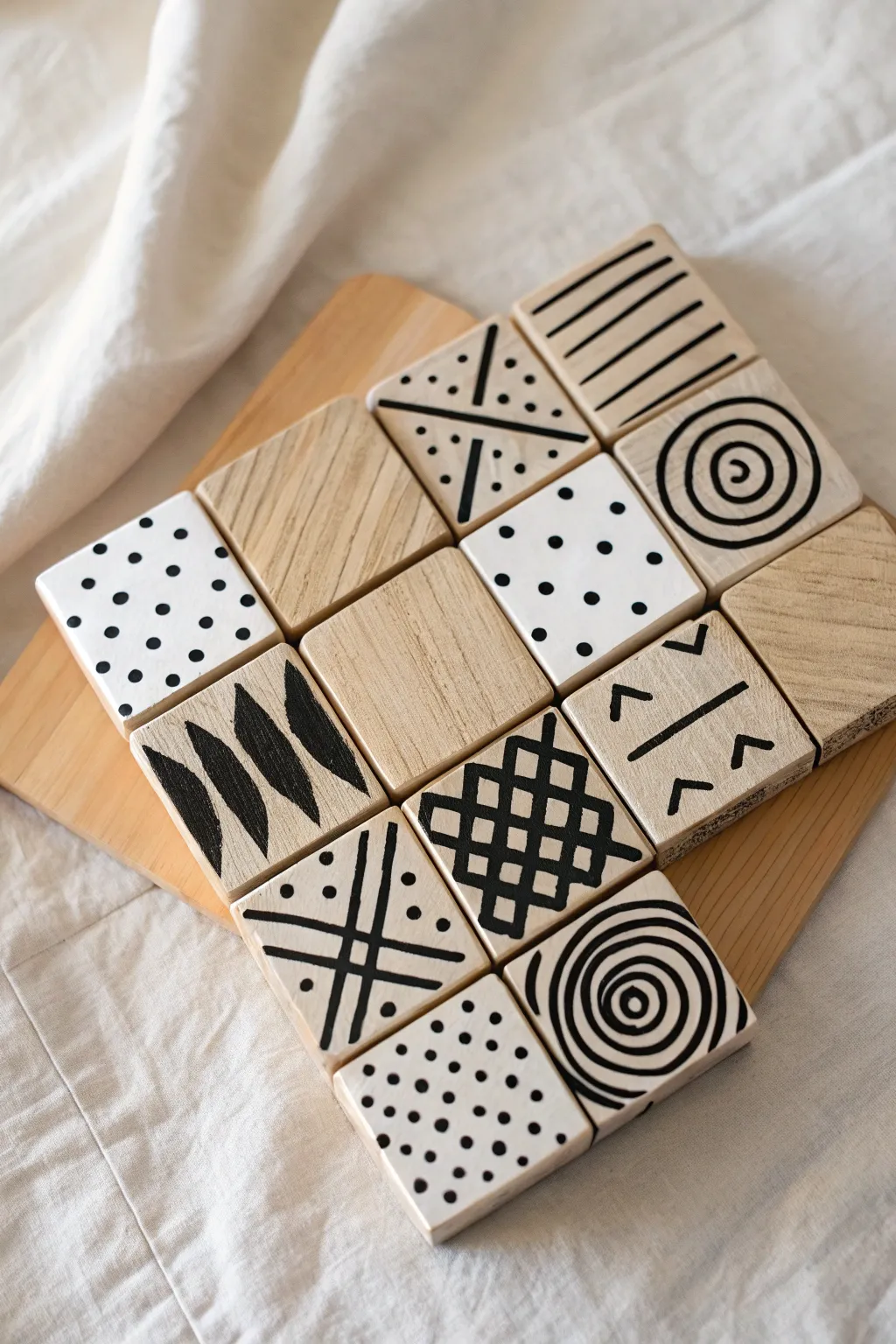 Bold black-and-white marks on square wood blocks for modern, minimalist block art inspiration.
