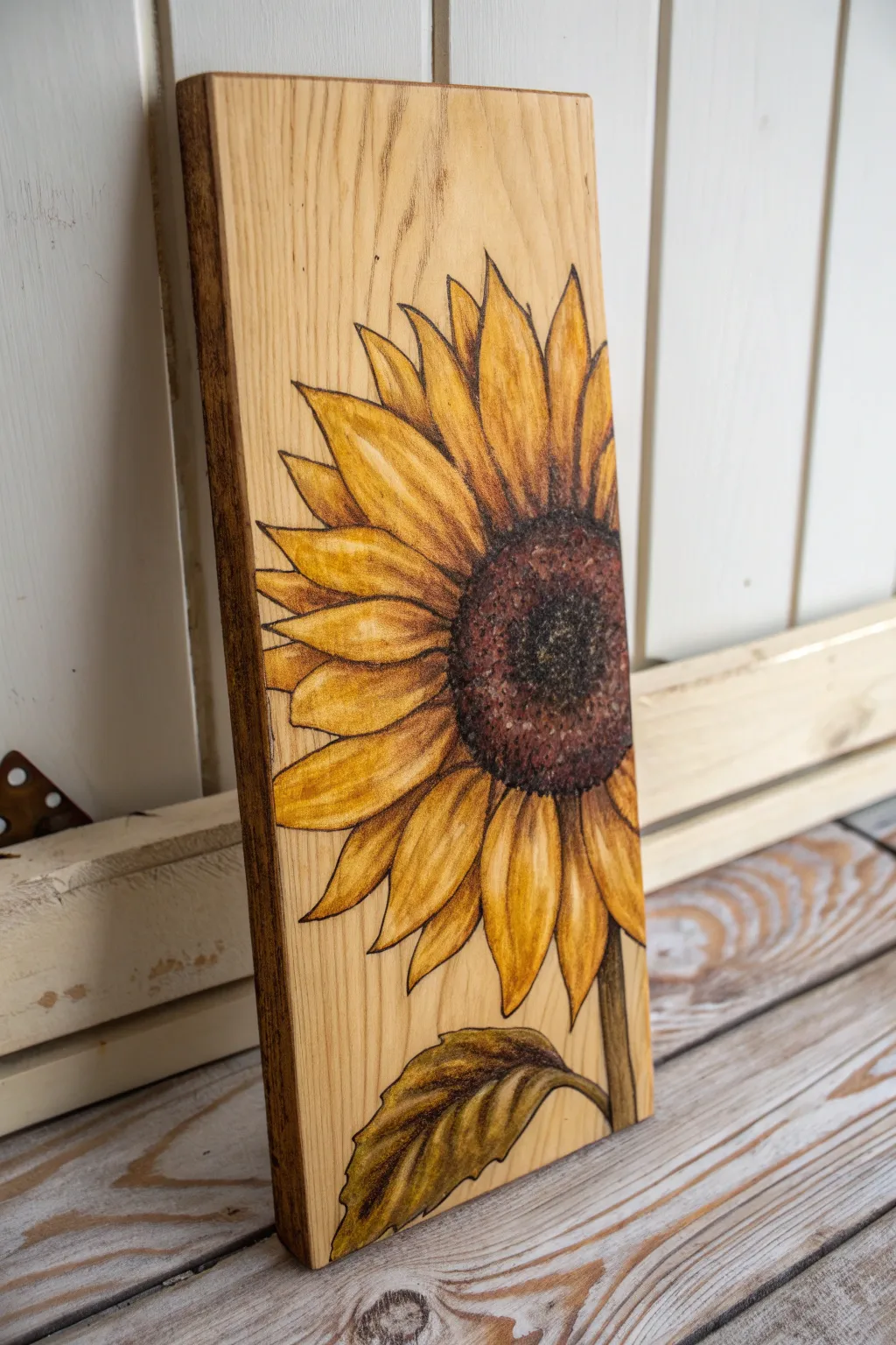 Sunflower close-up on natural wood board, soft boho palette with wood grain shining through