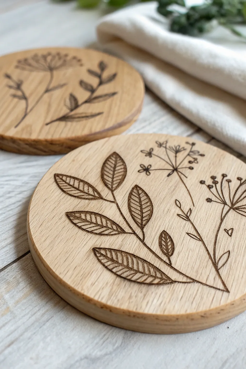 Minimal wood-burned botanical coaster, crisp line art and warm grain in soft Nordic light