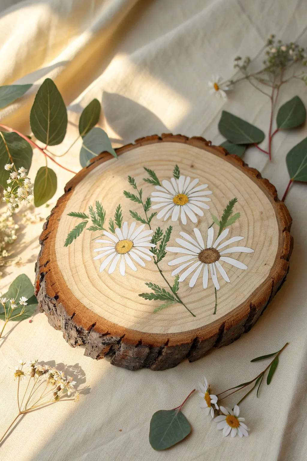 Paint simple daisies on a bark-edged wood round for an easy, cozy floral craft project.