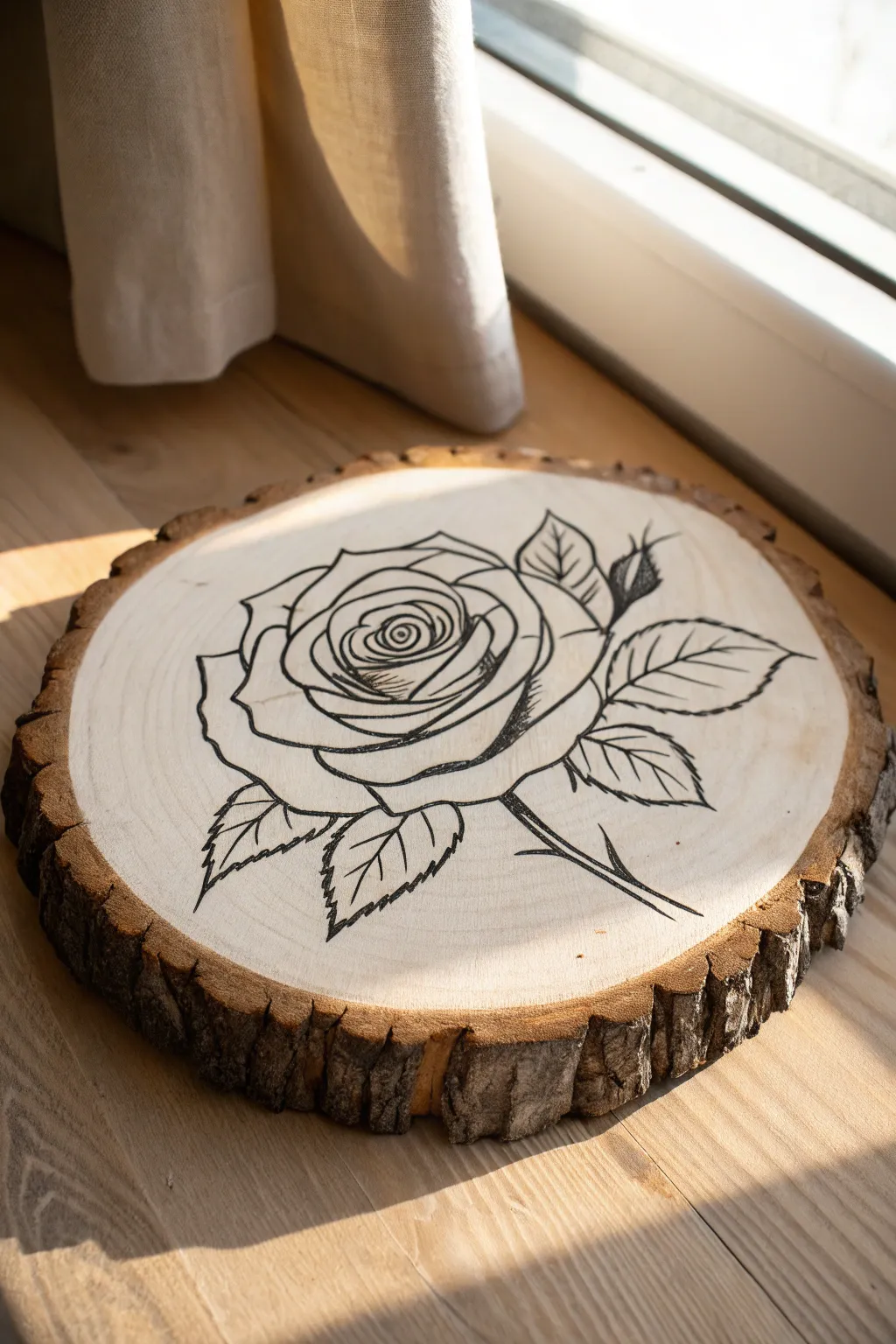 Bold-outline rose on a simple wood slice, minimal shading and natural texture for easy drawing