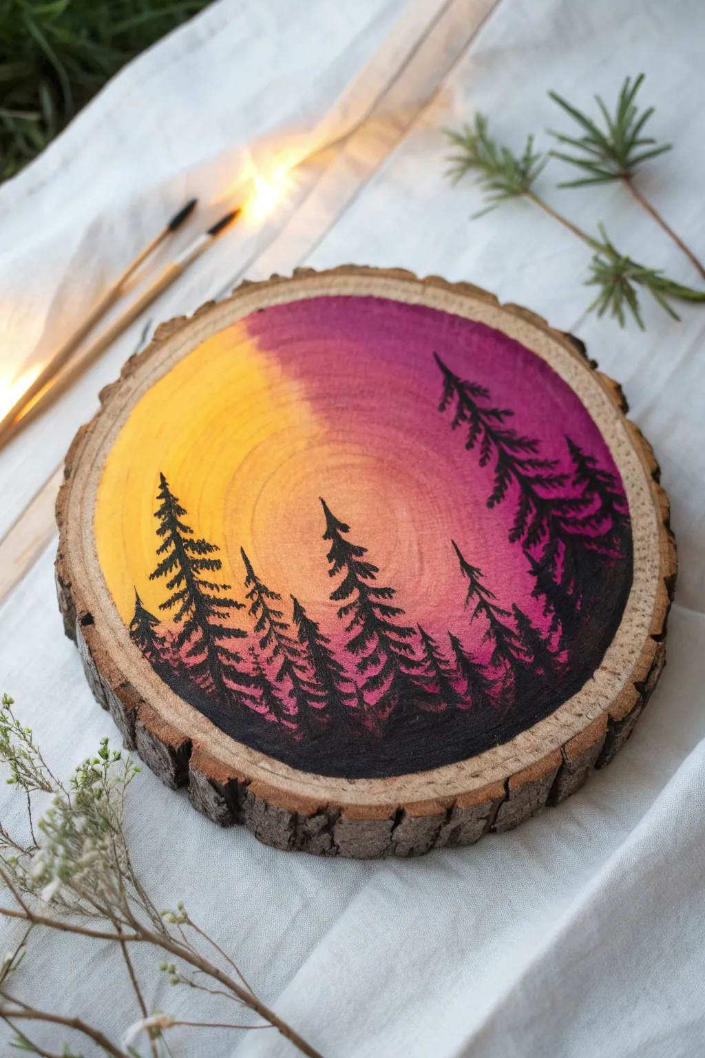 Sunset gradient on a wood round with crisp pine silhouettes for a simple boho feel