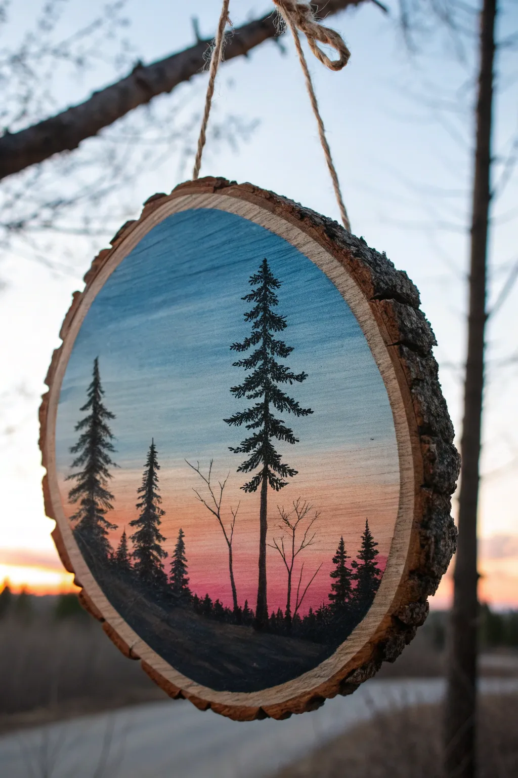 Pine silhouettes on a soft blue to pink sky, painted on a wood slice for minimalist boho charm