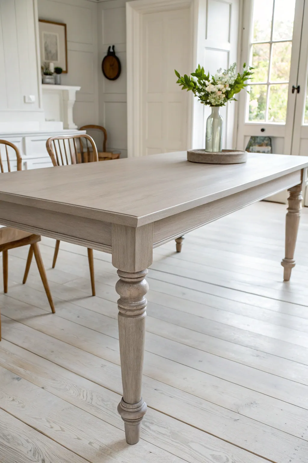 All-over greige paint gives this wooden table a sleek modern look with a flawless, smooth finish.