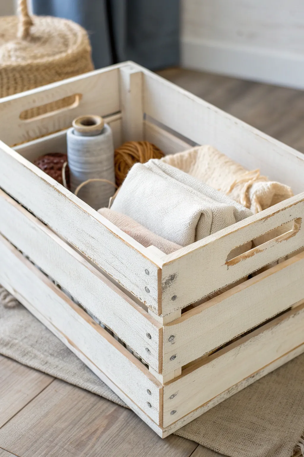 Chalky matte crate with softly distressed edges, styled with linen for cozy minimalist storage.
