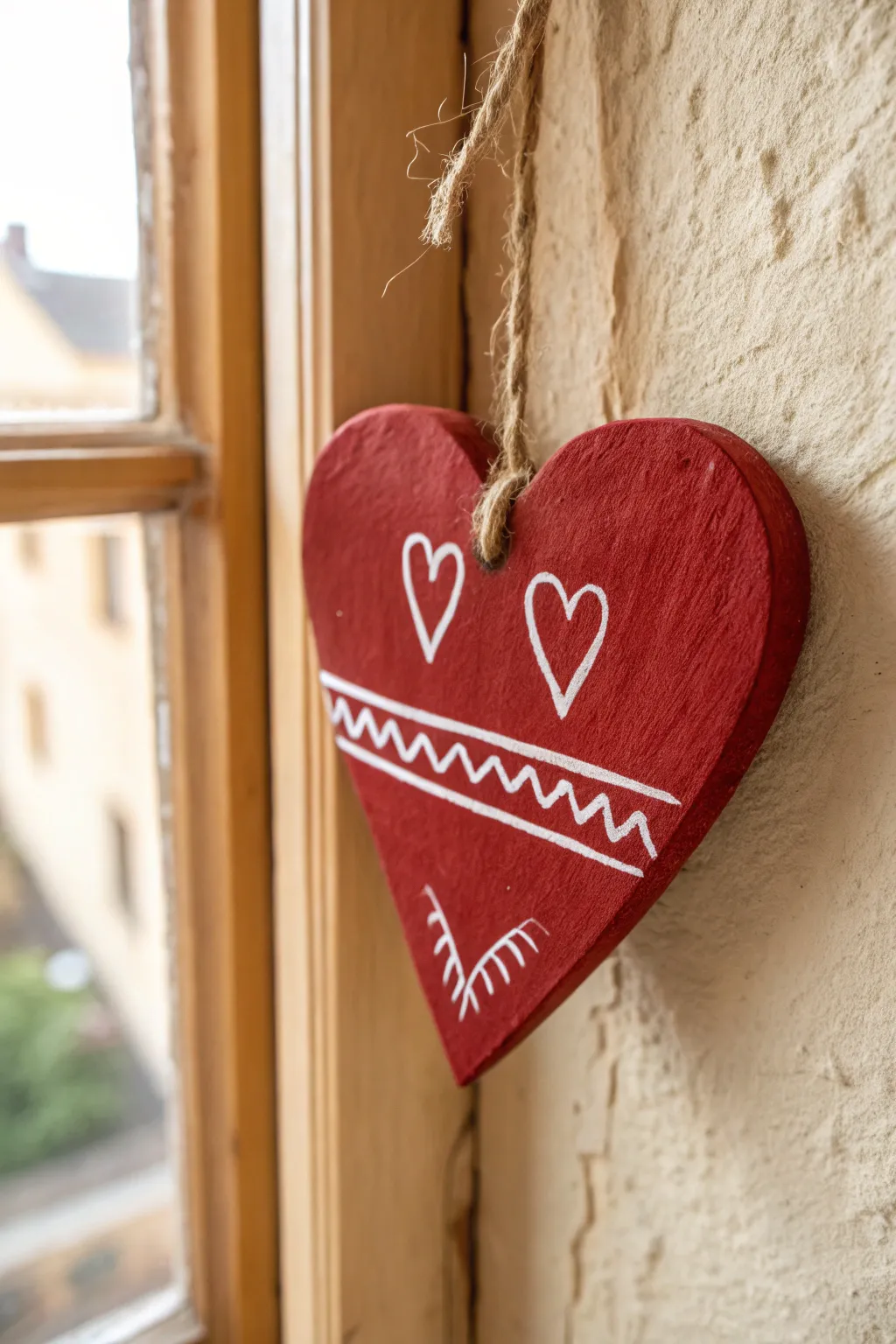 Minimal red wooden heart with crisp white brush-script strokes, hanging on twine against a neutral wall