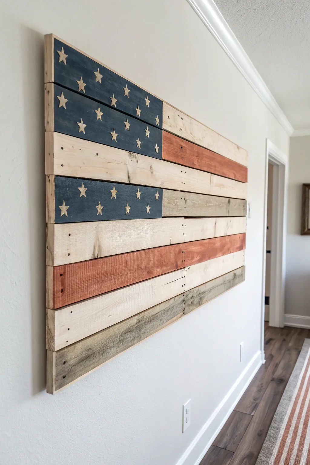 Classic flag-inspired pallet panel with soft vintage colors, clean lines, and visible wood grain