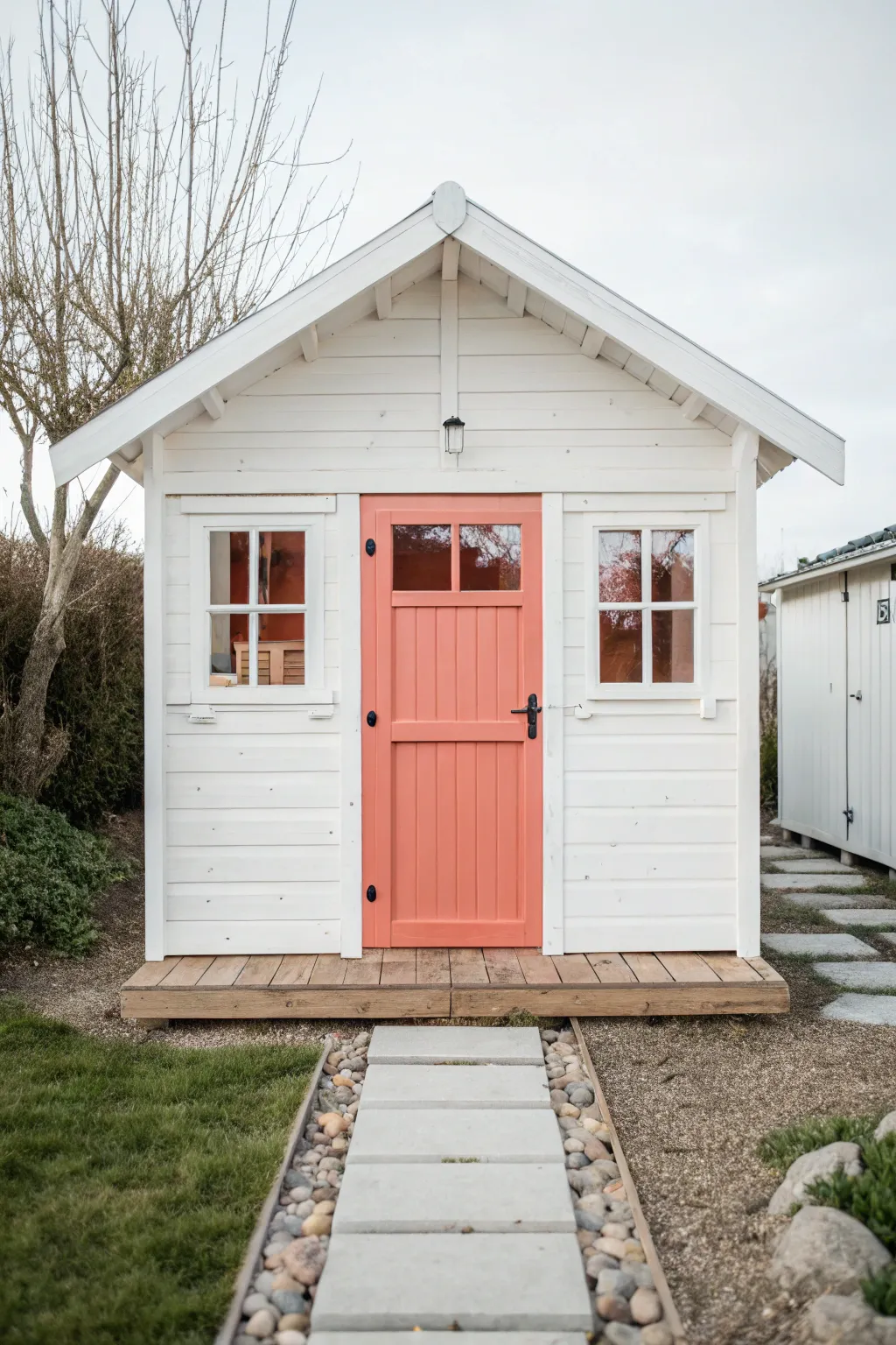 White cottage playhouse with a bold color-pop door and a simple path for tiny-home charm.