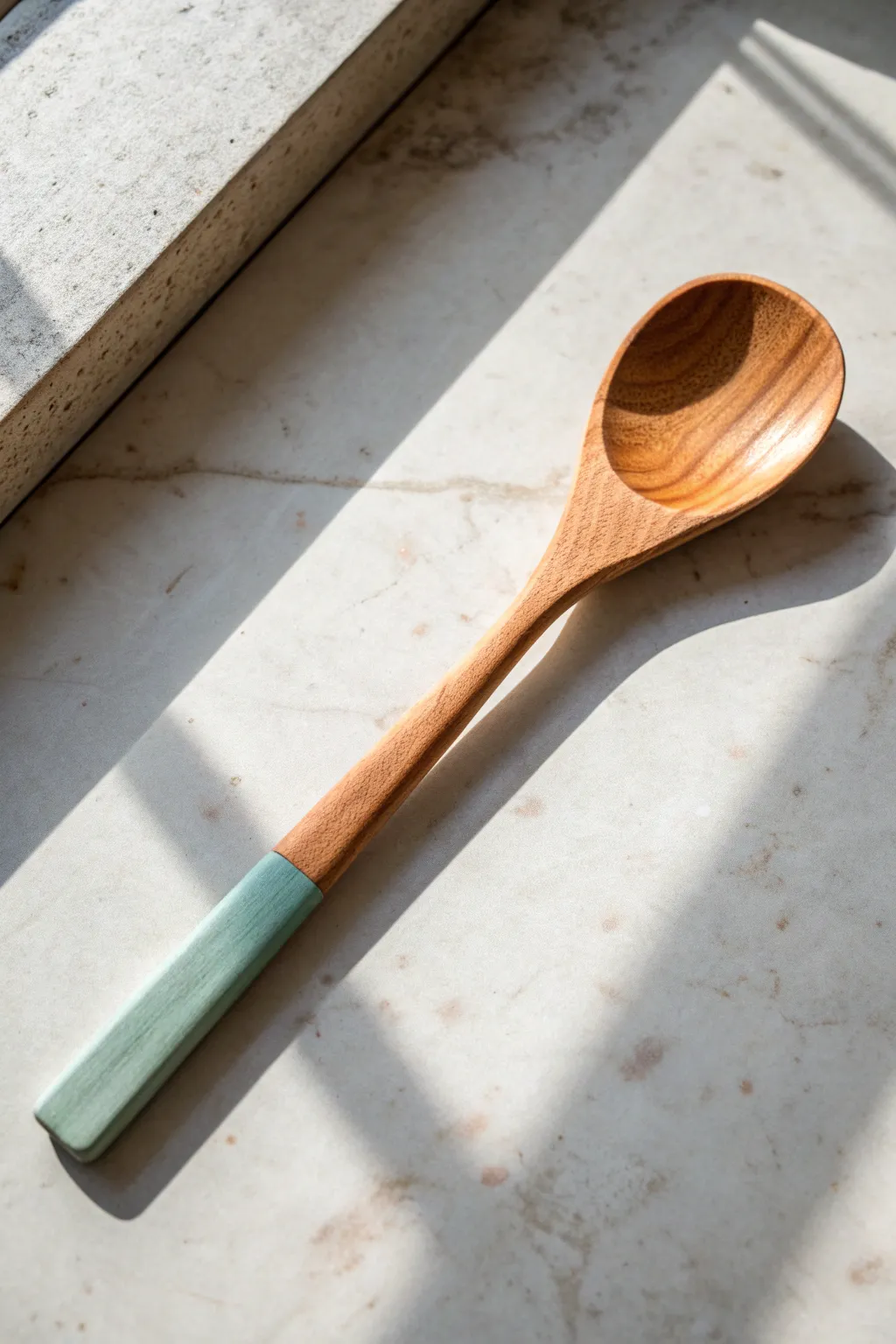 Minimal dipped color-block wooden spoon in modern hues, a chic Scandinavian-boho DIY idea.