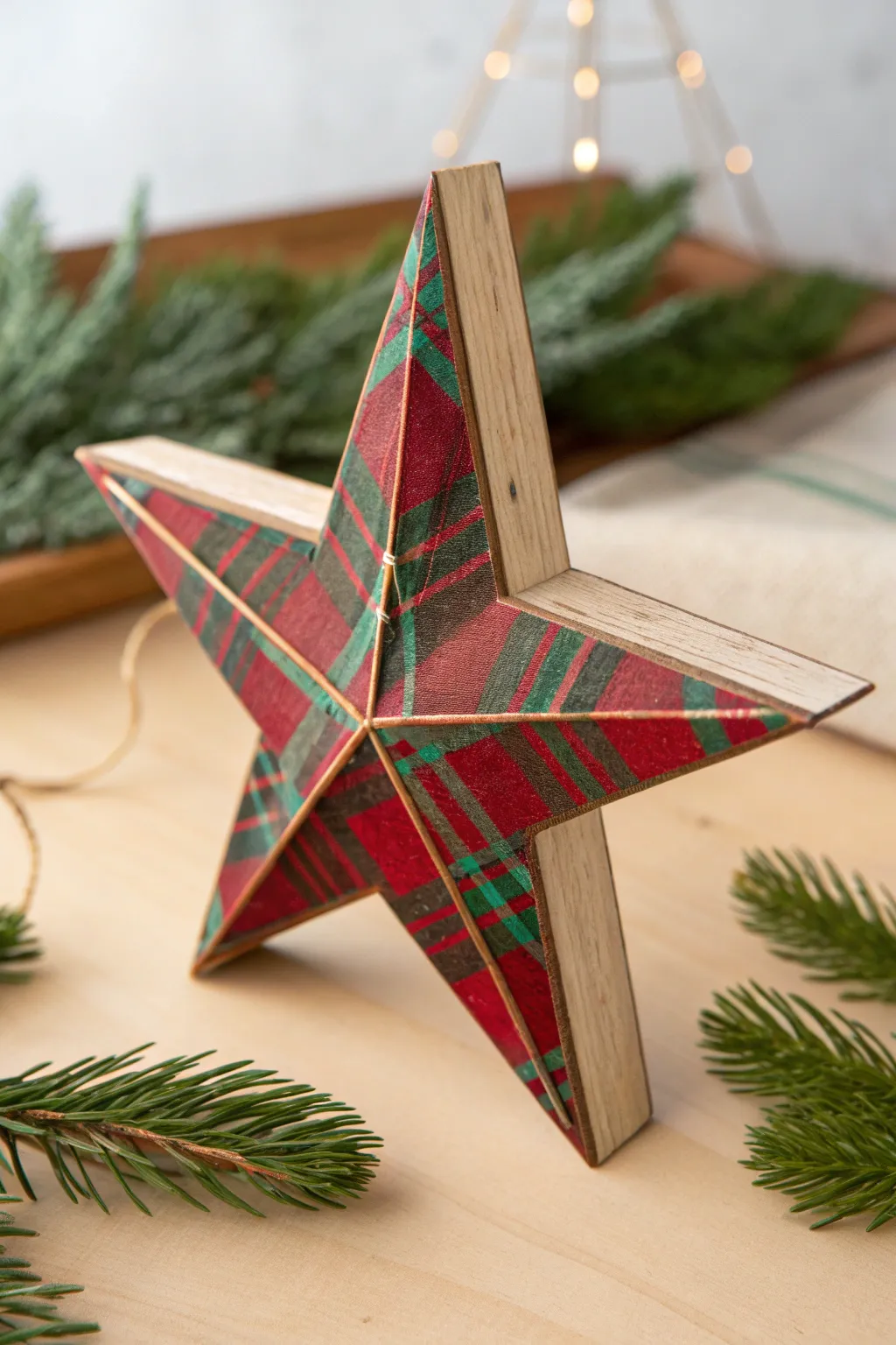 Classic plaid wooden star in red and green, styled simply with evergreen for cozy minimal holiday charm