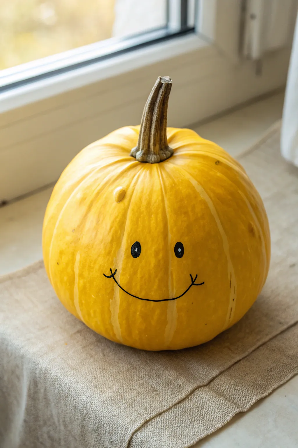A bright yellow pumpkin with a simple black outline smile for a chic minimalist fall look.