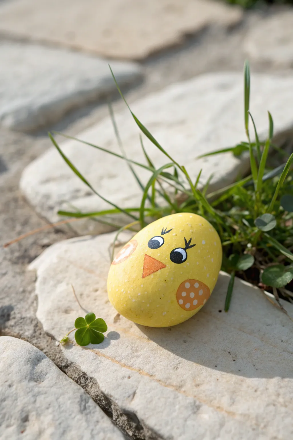 Sweet little chick rock painting in soft natural light, a minimal garden touch with cozy contrast