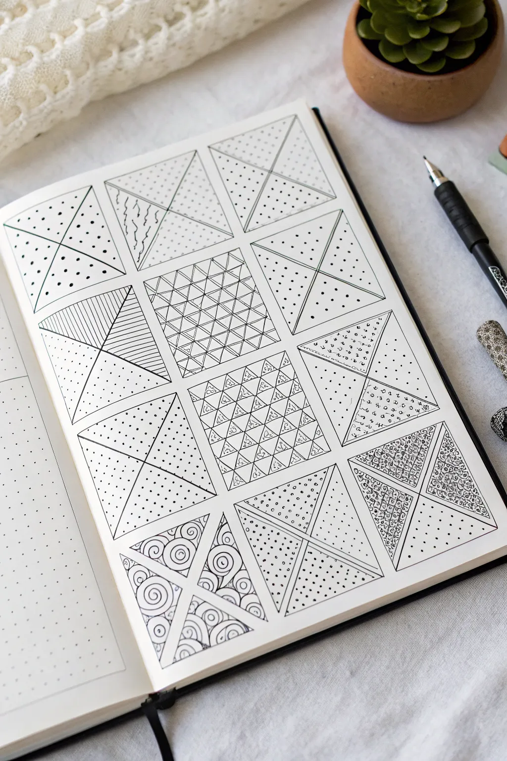 Turn messy shapes into calm structure with bold black-and-white patterns in every section.