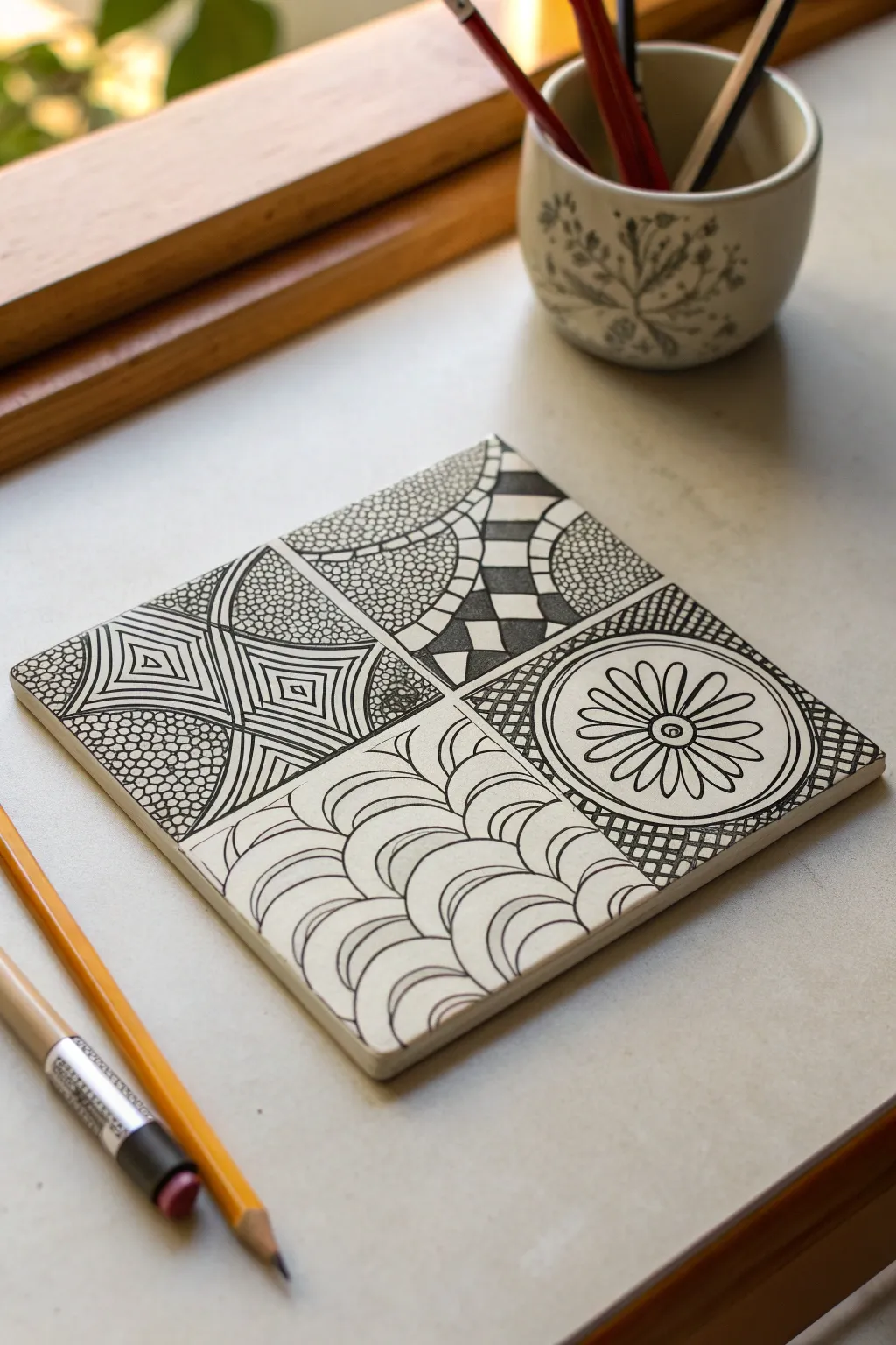 Faint pencil strings guide a clean zentangle tile, with bold ink patterns bringing contrast.