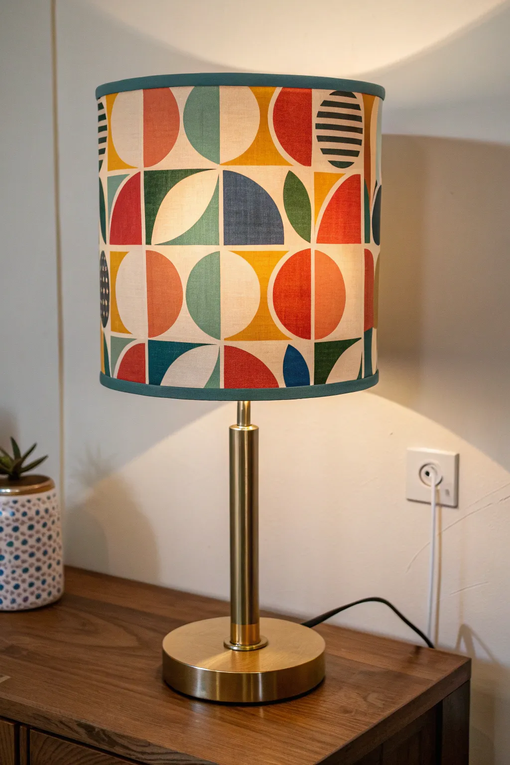 Painted blocks and crisp negative space turn the lit lampshade into a glowing dot-and-arch pattern