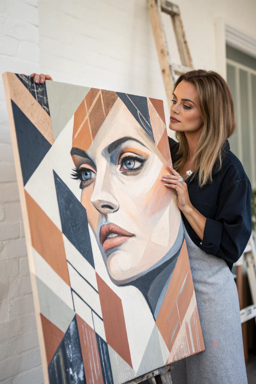 Fragmented acrylic portrait with knife-cut planes, bold drips, and one crisp eye to anchor.