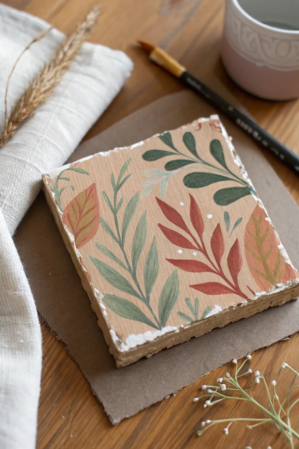 Unusual canvases made simple: a painted cardboard sample styled in calm Scandinavian boho decor.