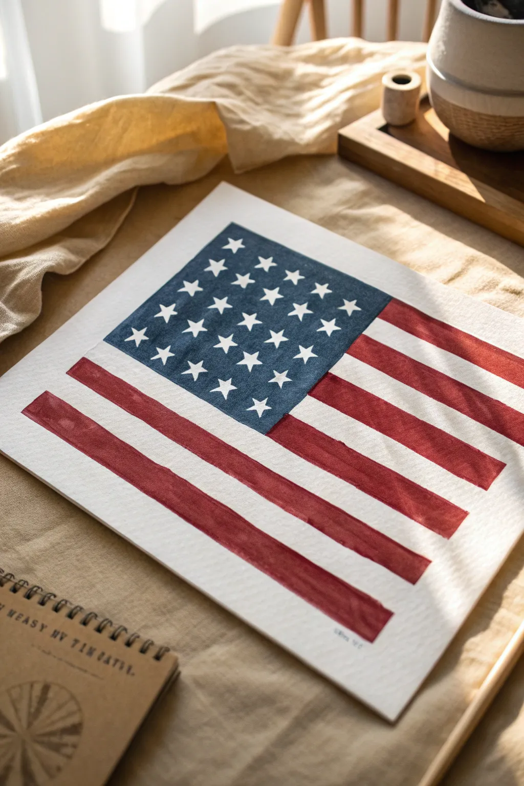 Minimalist negative-space American flag with crisp masked shapes and modern Scandinavian contrast