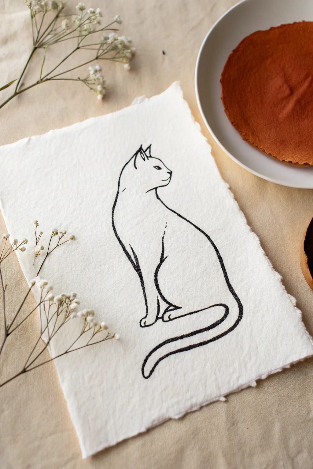 Minimalist one-line cat with a single terracotta accent for modern boho animal art