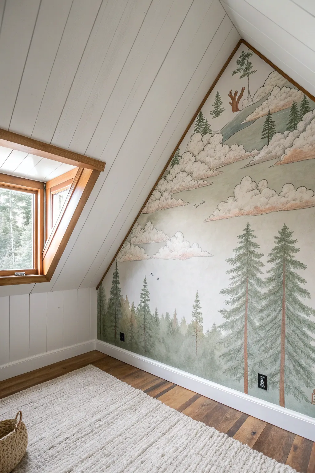 A dreamy attic mural that flows over the knee wall and sloped ceiling, turning angles into art