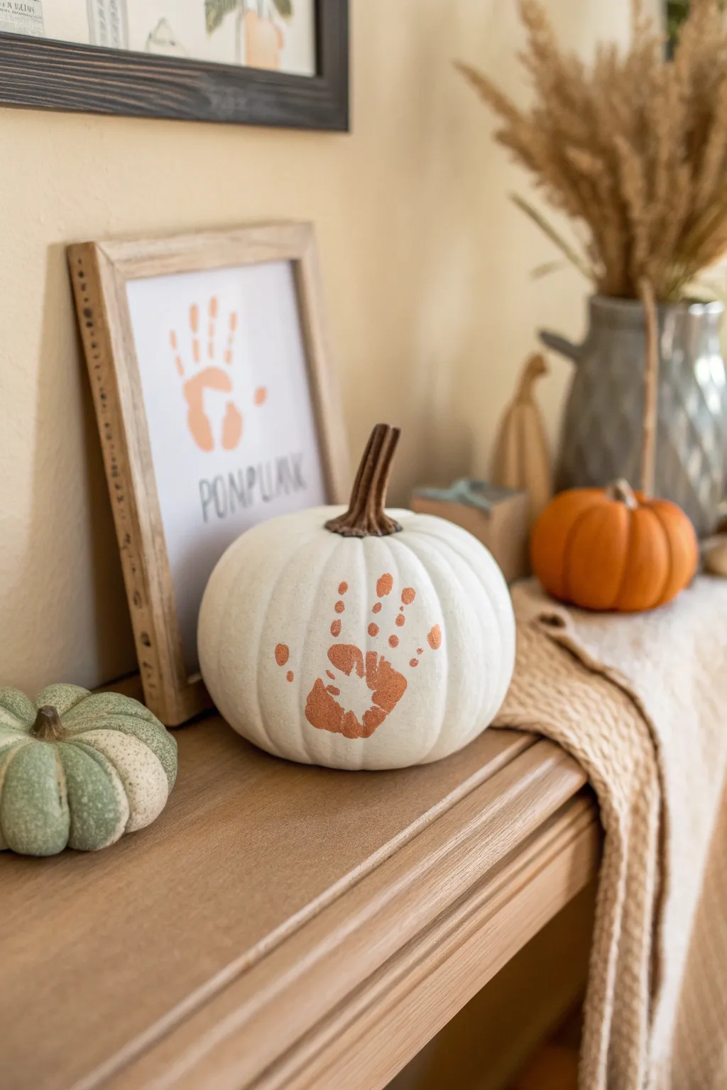 Foam baby pumpkin with tiny handprint, a timeless keepsake styled in calm Scandinavian decor.