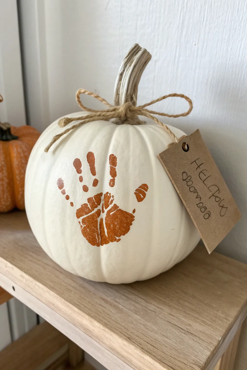 Nursery keepsake pumpkin with a tiny handprint and simple twine tag, styled for a calm shelf display.