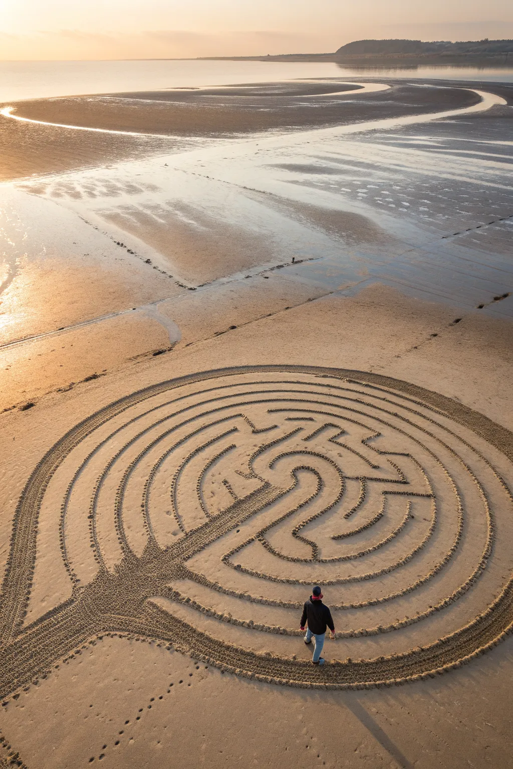 Walk the huge shoreline sand labyrinth, a calming beach drawing idea with minimalist charm.
