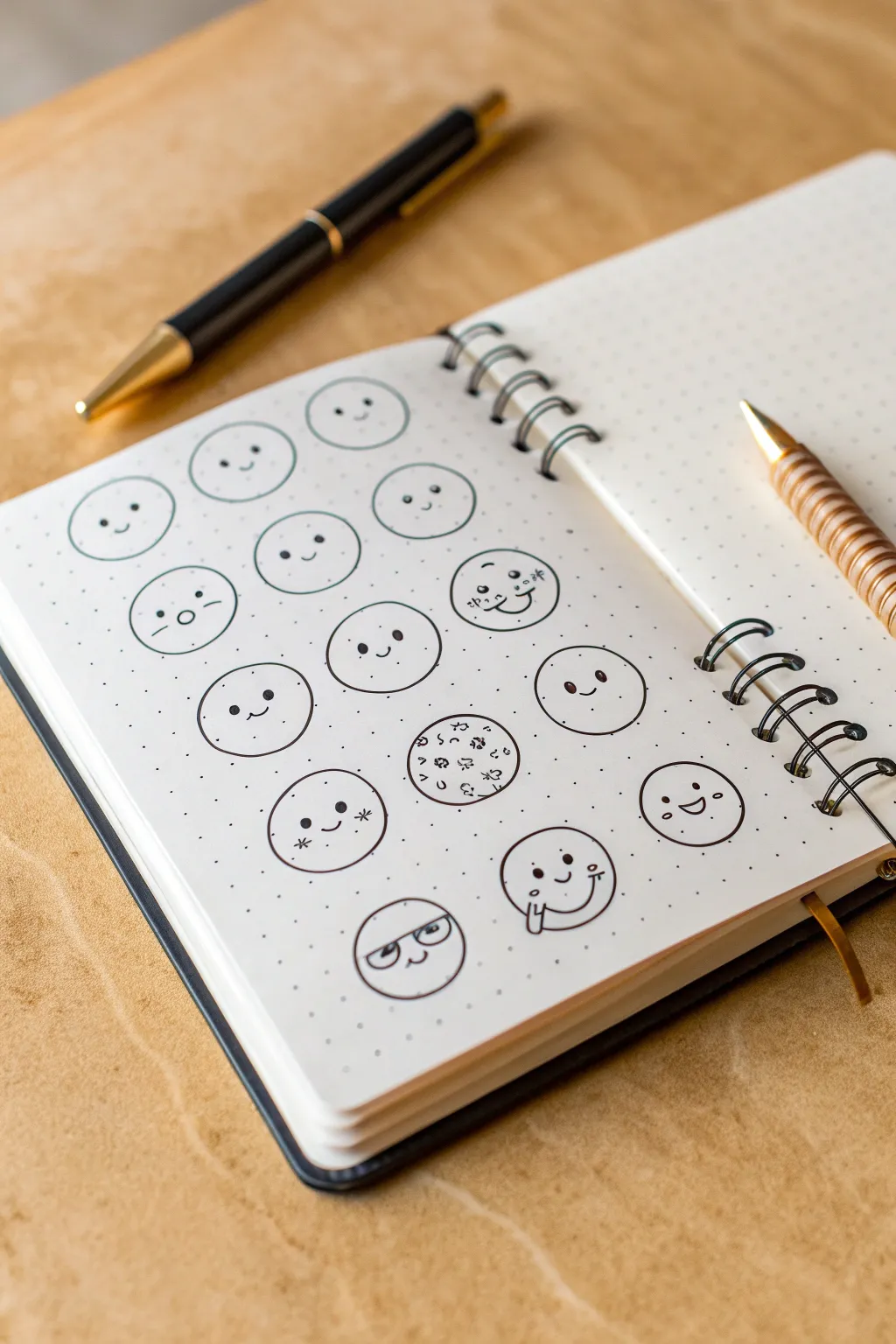 Tiny circle-and-oval characters: an easy beginner doodle page with clean, cozy Nordic vibes