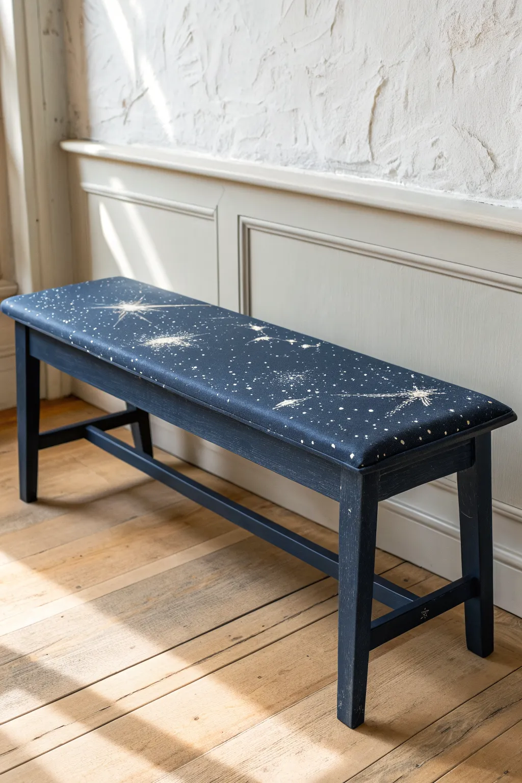 Starry night splatter bench in deep indigo, a minimalist cosmic accent with handmade charm.
