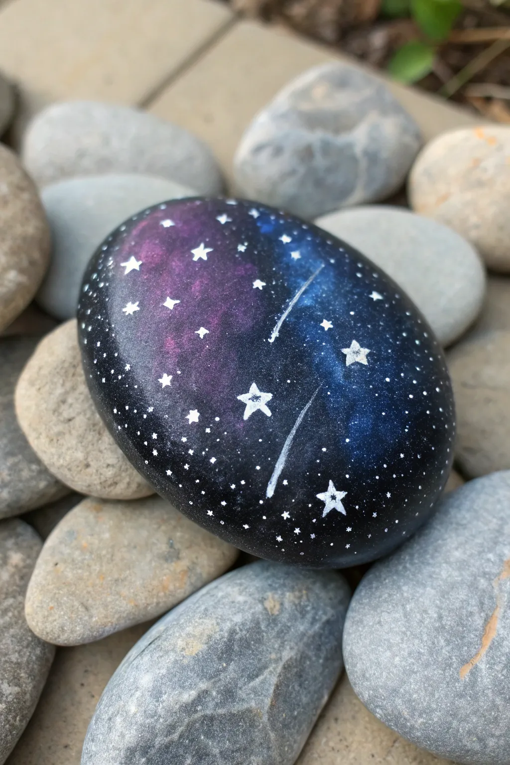 Paint a midnight galaxy rock with two glowing stars linked like a friendship constellation.