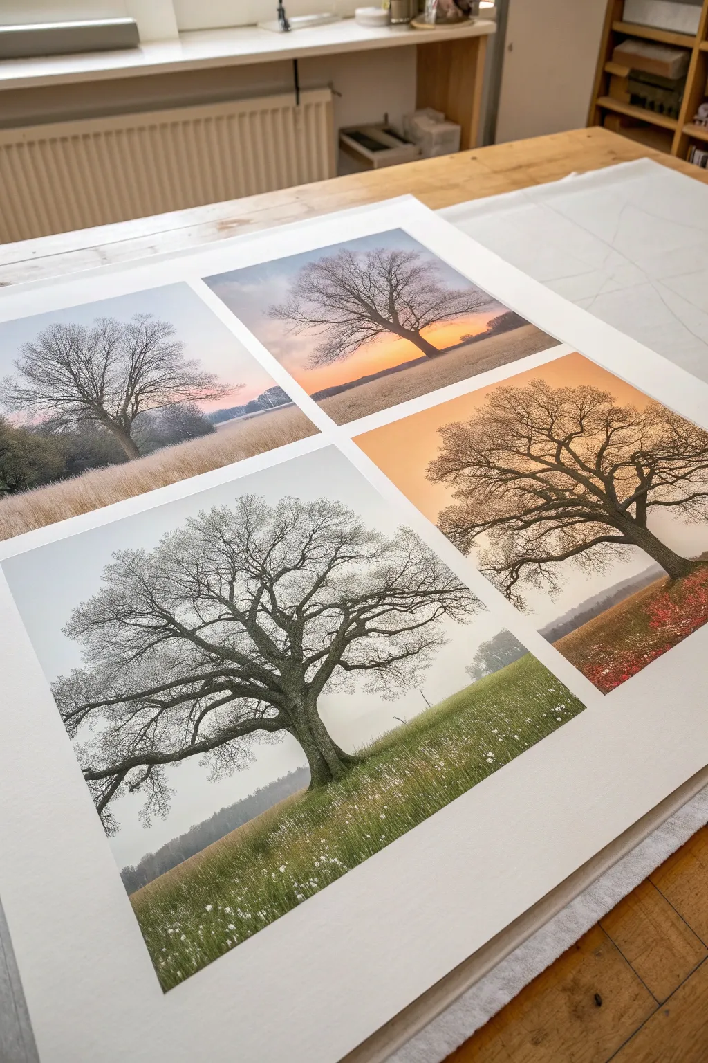 One tree, four seasons: a bold page-filling scene to practice texture, light, and mood.