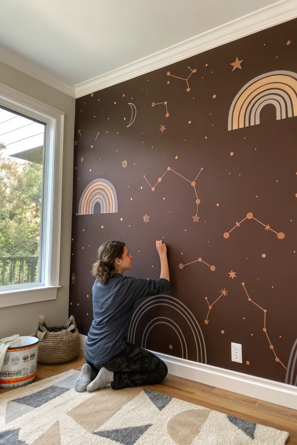 Dreamy cocoa night-sky mural with minimalist constellation lines and warm neutral boho calm.