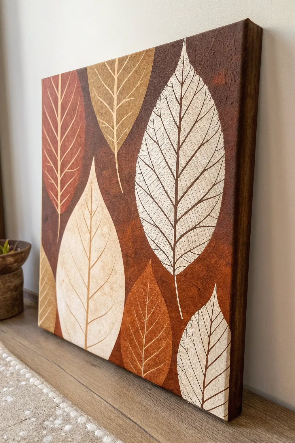 Negative-space leaves glowing through layered browns for a calm, earthy canvas idea