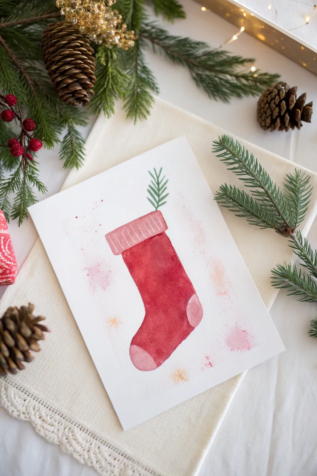 Crisp stencil stocking silhouette pops against playful toddler brushstrokes in festive hues