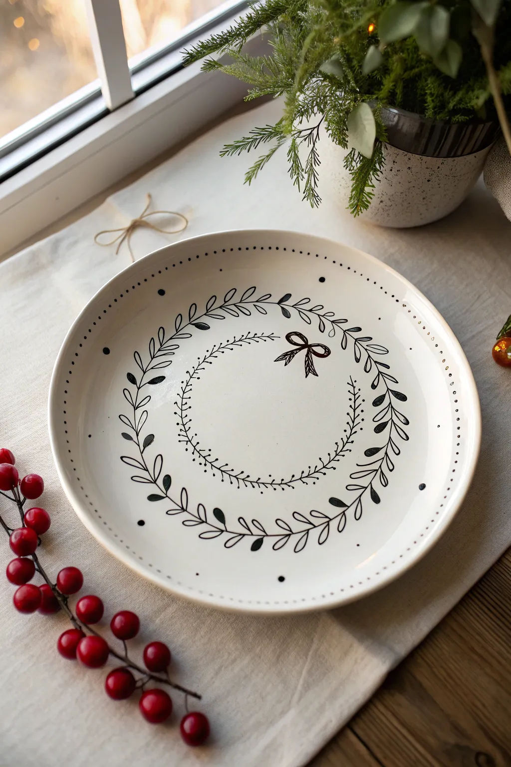 Minimal wreath line-art plate with tiny red berries for a sleek, modern Christmas look.